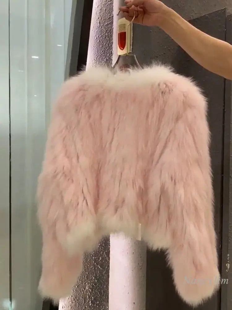 2022 Autumn Winter Faux Fox Coat Women Short Design V Neck Pink Furry Fur Jacket Contrast Color Streetwear Lady Chic Coats