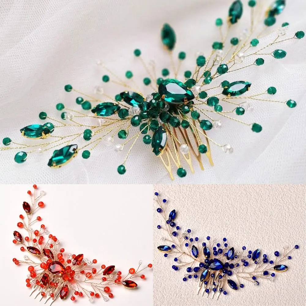 

Delicate Handmade Prom Headpiece Hair Combs Green Crystal Leaf Bridal Hair Pins Tiara