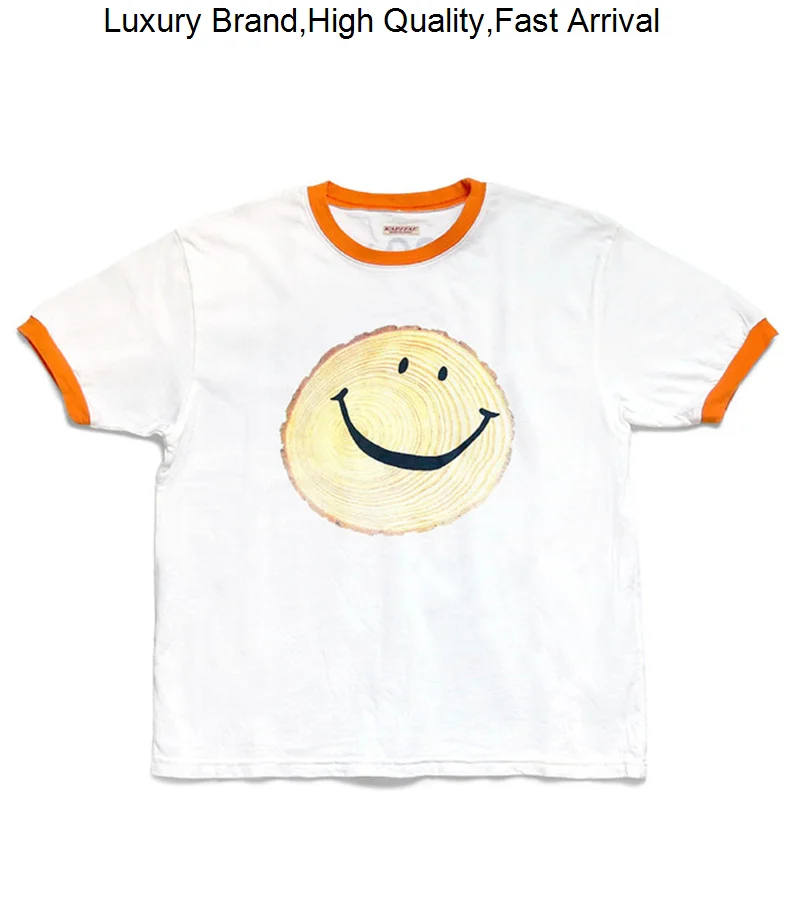 

Color KAPITAL Splicing Collar Tree Stump Annual Ring Smiling Face Printing Geranium Men And Women Short Sleeve T-Shirt For M