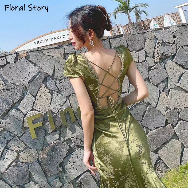 Женское облегающее Платье макси с рукавами-фонариками однотонное зеленое