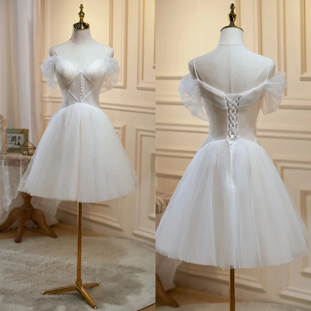 Платье для выпускного вечера бежевое Тюлевое Плиссированное с бусинами Sgaphetti