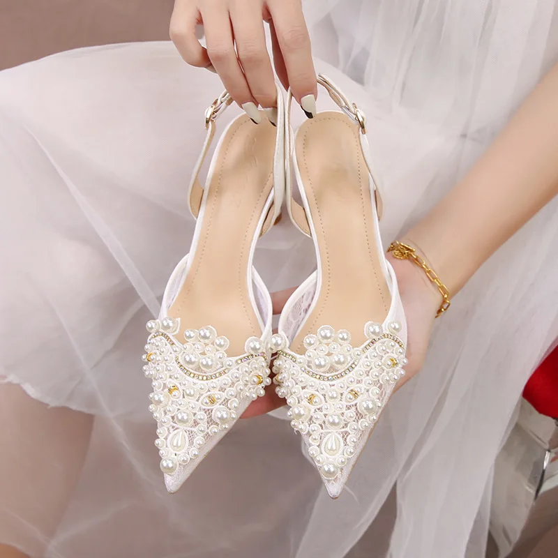 

2022 Summer Pumps Women Party Shoes Pointed-toe White Lace Ladies Wedding Shoes Satin Elegant Thin Heel Pearl High Heels Sandals