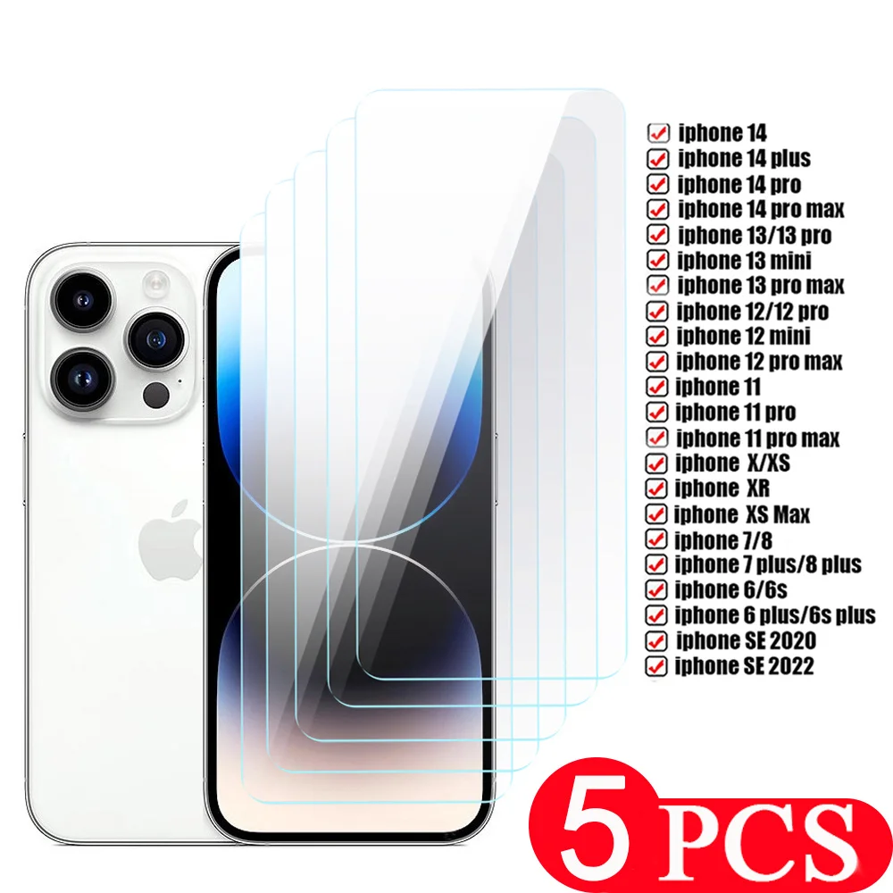 

5Pcs Tempered Glass For iphone 14 pro Max 13 12 mini 11 XR XS 8 7 6 6S plus SE 2022 screen protector protective film Smartphone