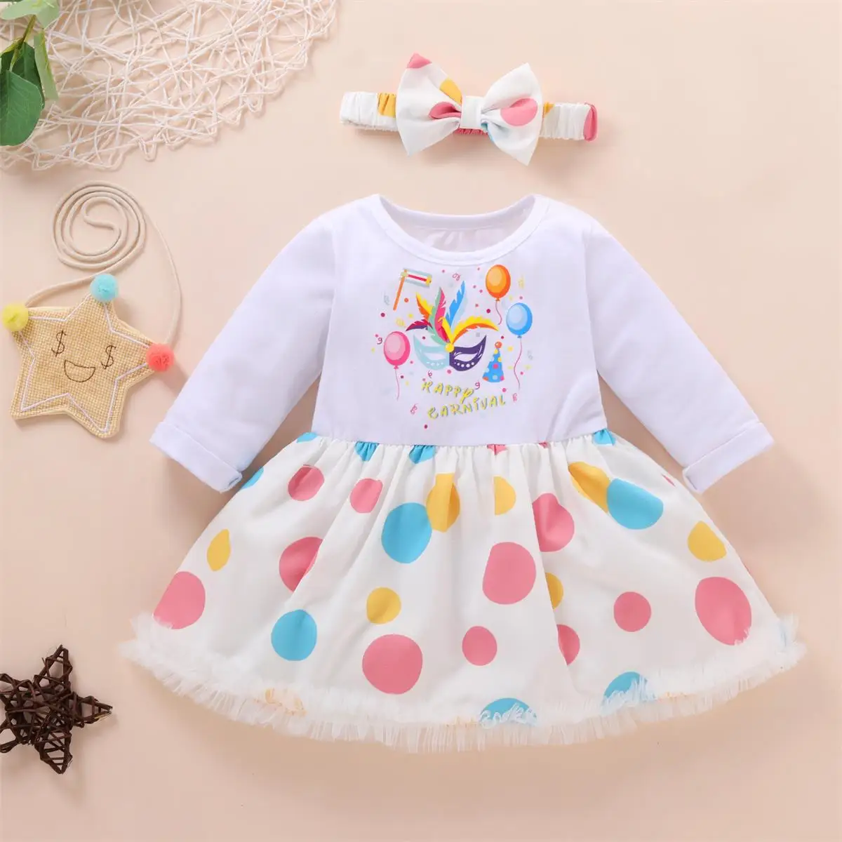 

Autumn Toddler Baby Girl Dress Headband Long Sleeve Carnival Polka Dot Printing Dresses Fashion Infant Clothes Romper Dress