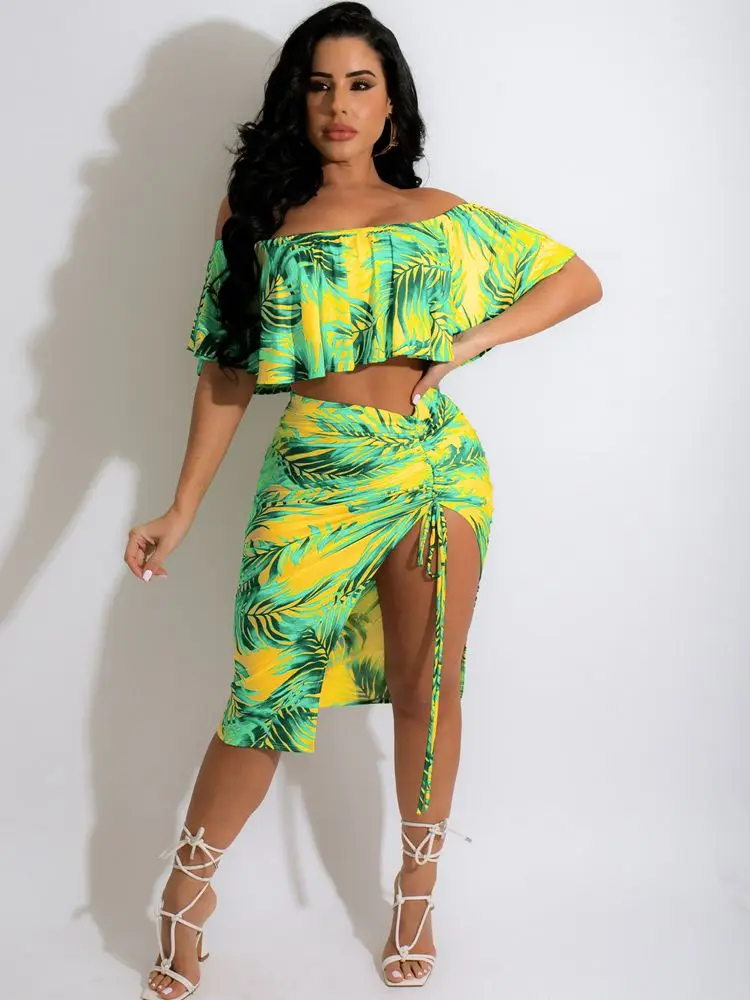 

ZOOEFFBB Sexy Summer Clothes for Womens Two Piece Sets Crop Top Drawstring Split Skirt Tropical Print Beach Vacation Outfits