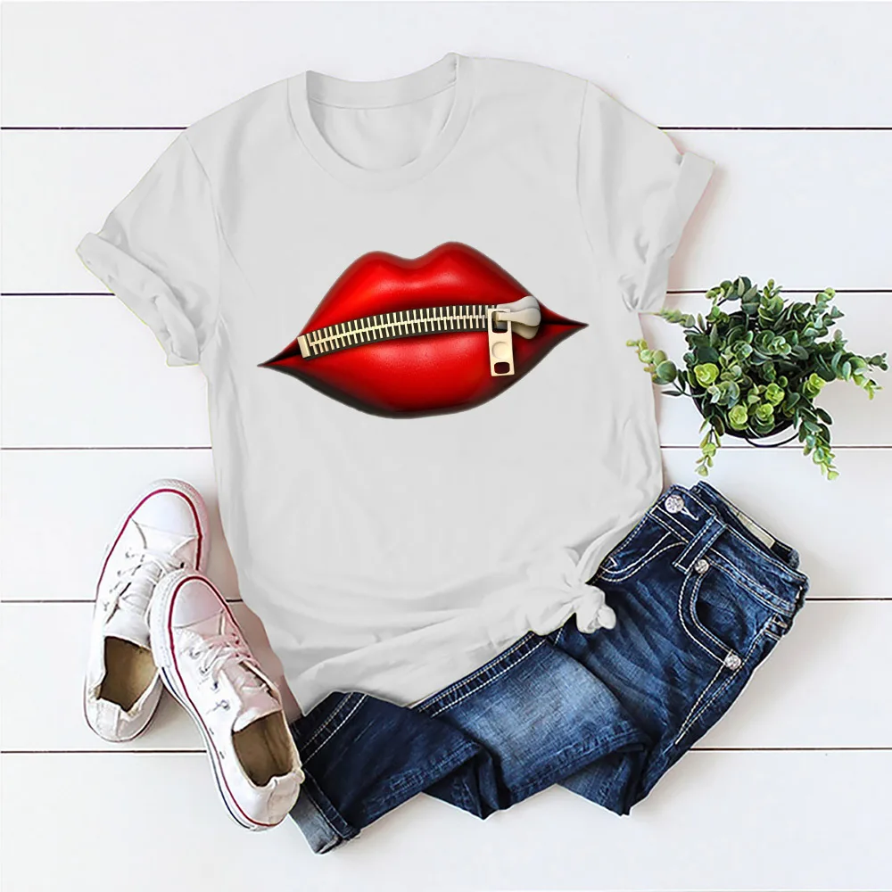 

Layoug Red Lip T-Shirt Short Sleeve Fashion Women's Casual Sequins Tshirts 2020 Vintage Creativity zipper Lips T-Shirt,drop ship