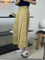 hanorange 2022 summer simple wide leg ankle length pants women loose silhouette high waist thin casual trousers female