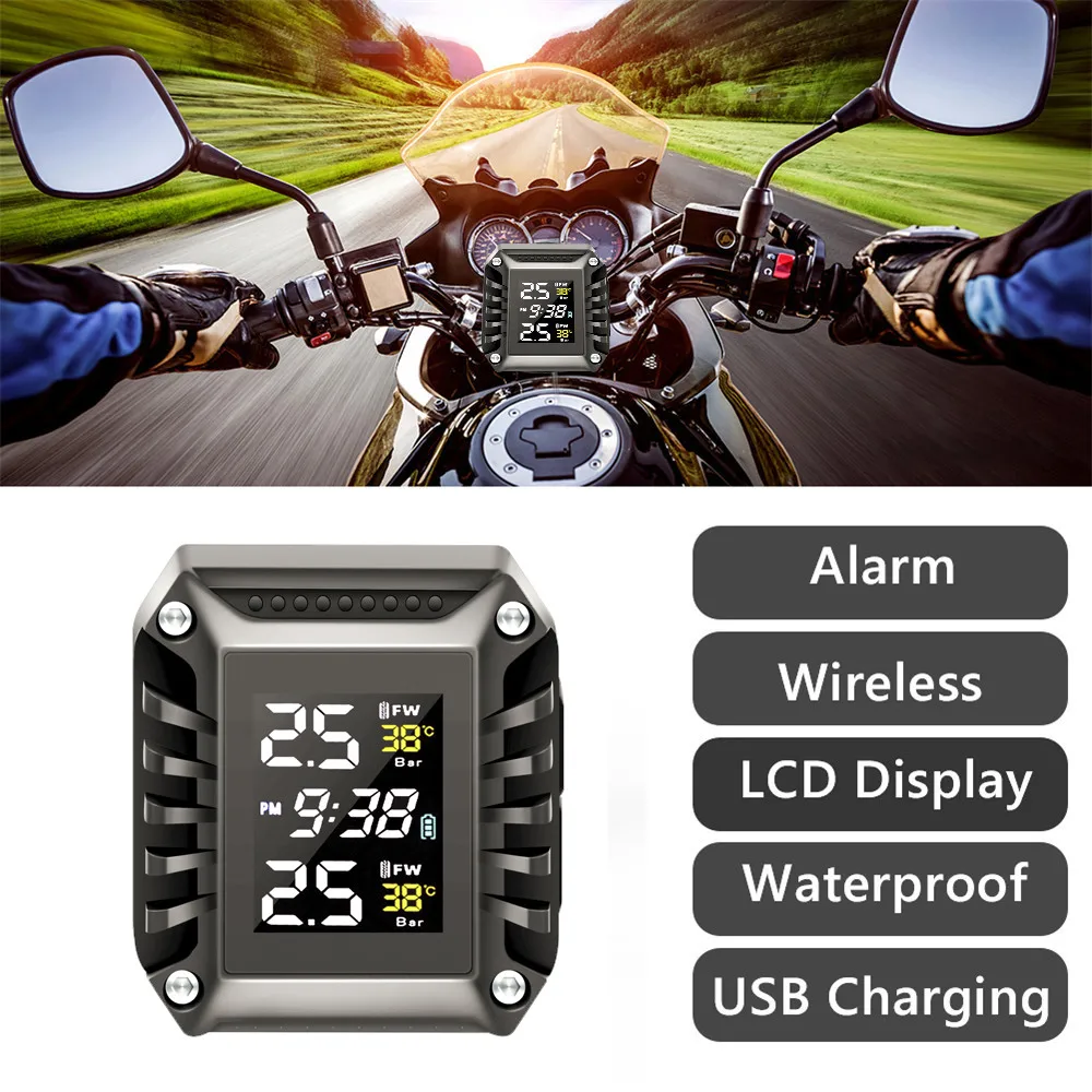 

Motorcycle TPMS Motor Tire Pressure Tyre Temperature Monitoring Alarm System with 2 External Sensors USBCharging motos