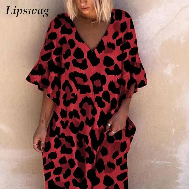 

Платье женское длинное с леопардовым принтом, модный пикантный Свободный пуловер с V-образным вырезом, винтажное вечернее с оборками и коро...