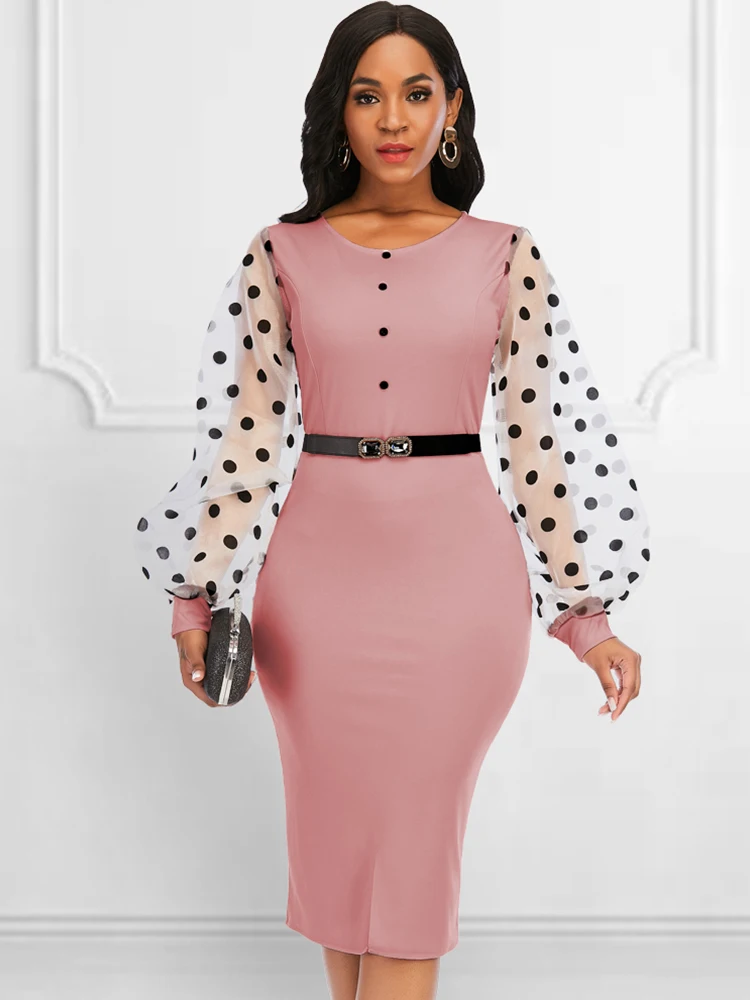 

Polka Dot Pink Vintage Dress See Trought Sleeves Midi Dress Elegant Women Big Size Bodycon Slim Fit Autumn Winter Office Wear