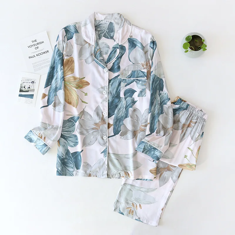 New Long-sleeved Trousers Ladies Pajamas Set Viscose Cardigan Butterfly Flower Thin Home Service Summer Pijama  Loungewear