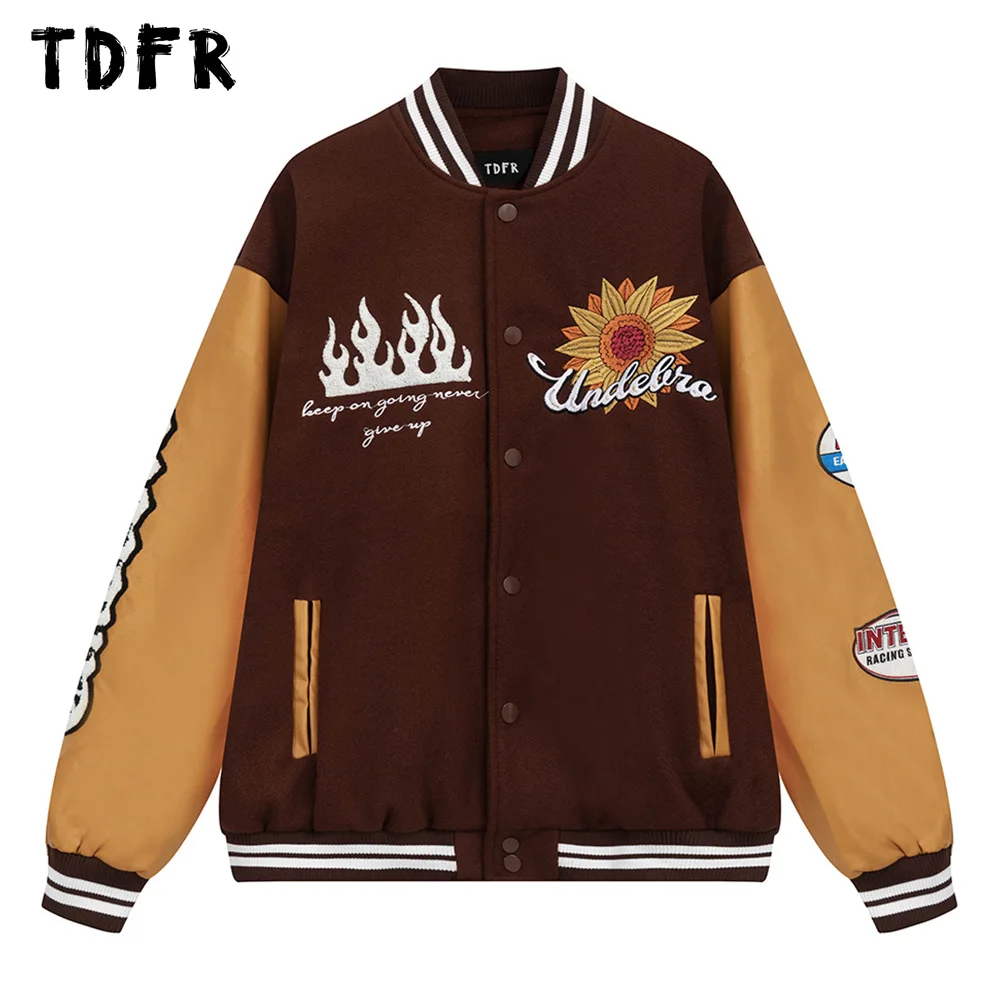 

sunflower Embroidery Baseball Jacket Mens Autumn Winter Casual Single Breasted Loose Paneled Sleeve PU Outerwear Men
