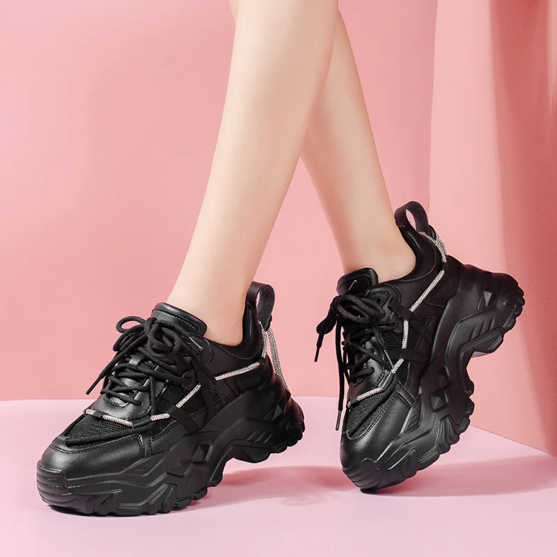 

Black White Chunky Sneakers Women Autumn 2022 Crystal Platform Vulcanize Shoes Woman Thick Bottom Non Slip Student Shoes Ladies