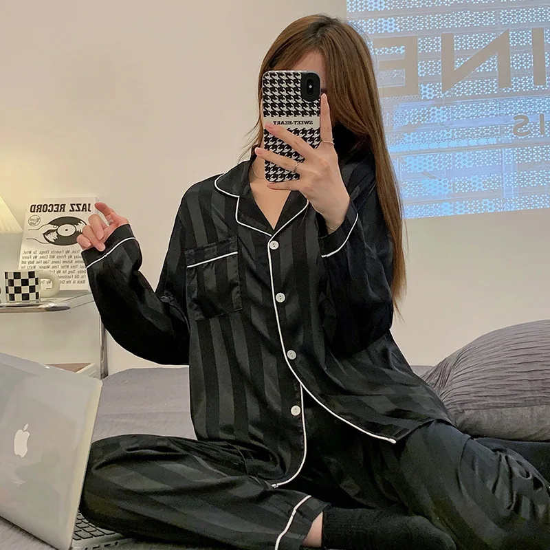 Pijama Sets Sleepwear Pajamas Female Winter Black Stripe Simple Casual Loose Room Wear Sleep Top Pants Two-Pieces Set Loungewear