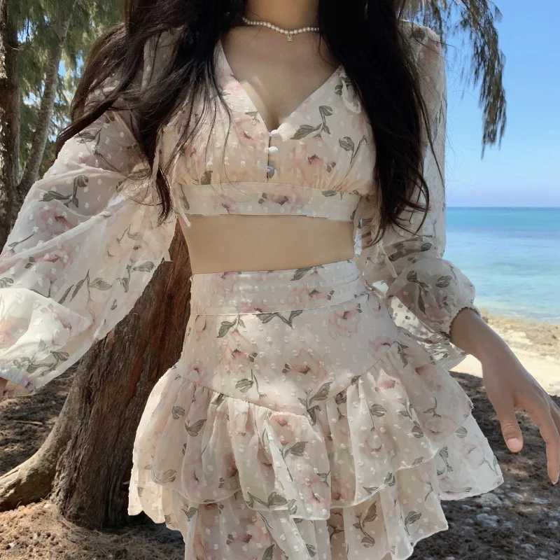 

Women Sets Floral Skirt Shorts Woman Floral Top Female Long Sleeve V-neck Backless Sexy Summer Suits Vintage High Waist Shorts