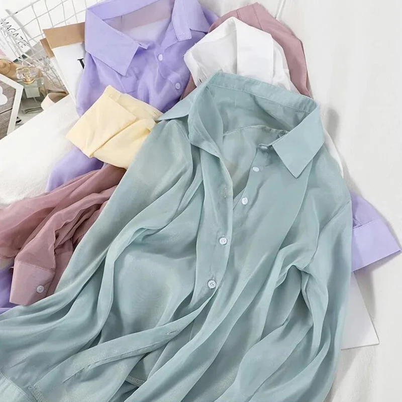 

Sexy Perspective Women Sun Proof Shirt Solid Thin Summer Beach Basic Breathable Tops Korean Chic Long Sleeve Loose Blouse