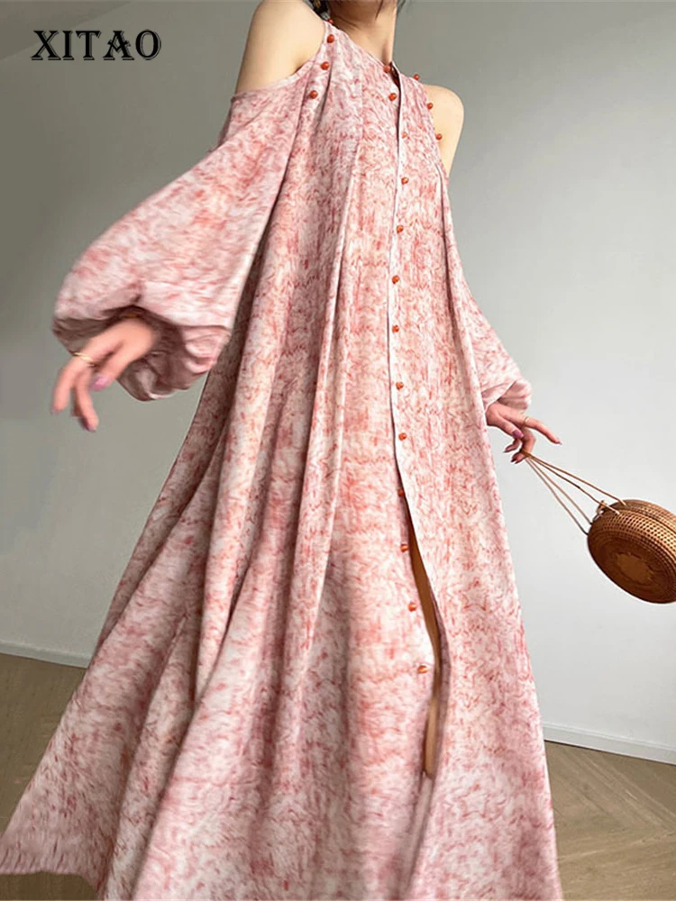 

XITAO Off Shoulder Dress Fashion Print Pattern Small Fresh Casual Style Full Sleeve Drawstring Pullover Pleated Dress ZY7195