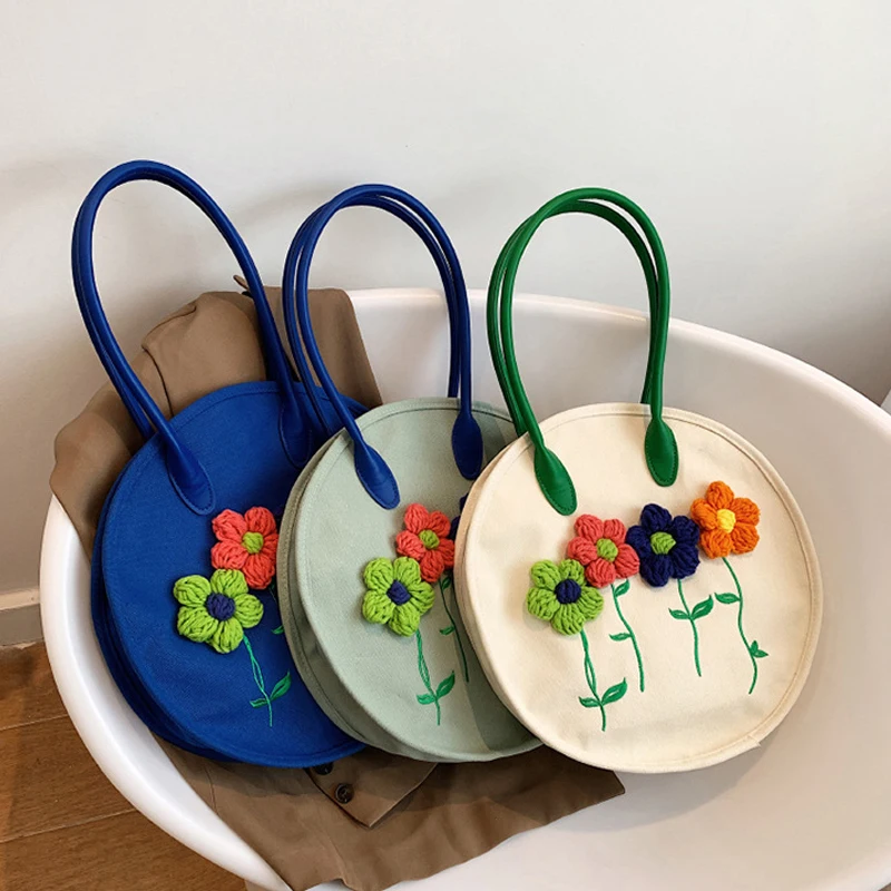 

Fashion Round Canvas Bag Embroidery Underarm Shoulder Bag Knitted Flower Handbag Casual Circular Bag College Student Floral Bag