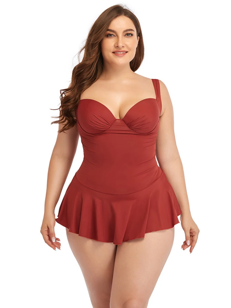 

Summer Fashion Sexy One-piece Swimsuit Skirt Solid Color Printed Strip Chest Pad Oversize Swimwear Bikinis Bathing Suits Woman