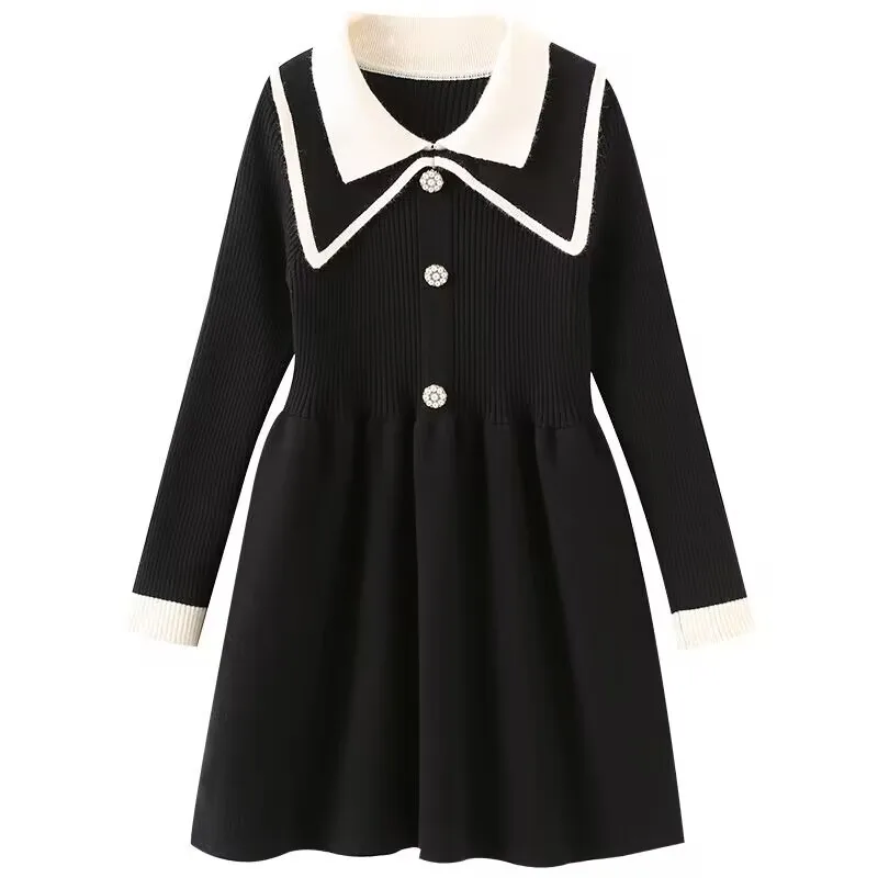 

Children Girls Knitted Dresses Sweet Double Lapel Sweater Dress Kids Clothing Long Sleeve Warm Dress Baby Girls Princess Dress