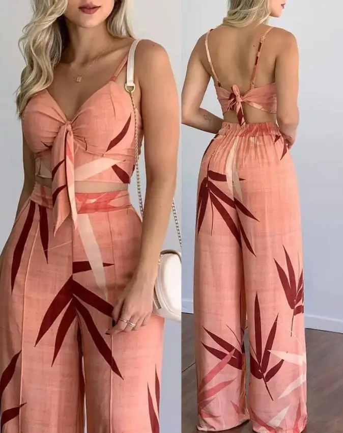 Womens Outfits Knotted Backless Leaf Print Crop Top & Wide Leg Pants Set Long Pants 2 Piece Sets 2022 Summer New Fashion Suit