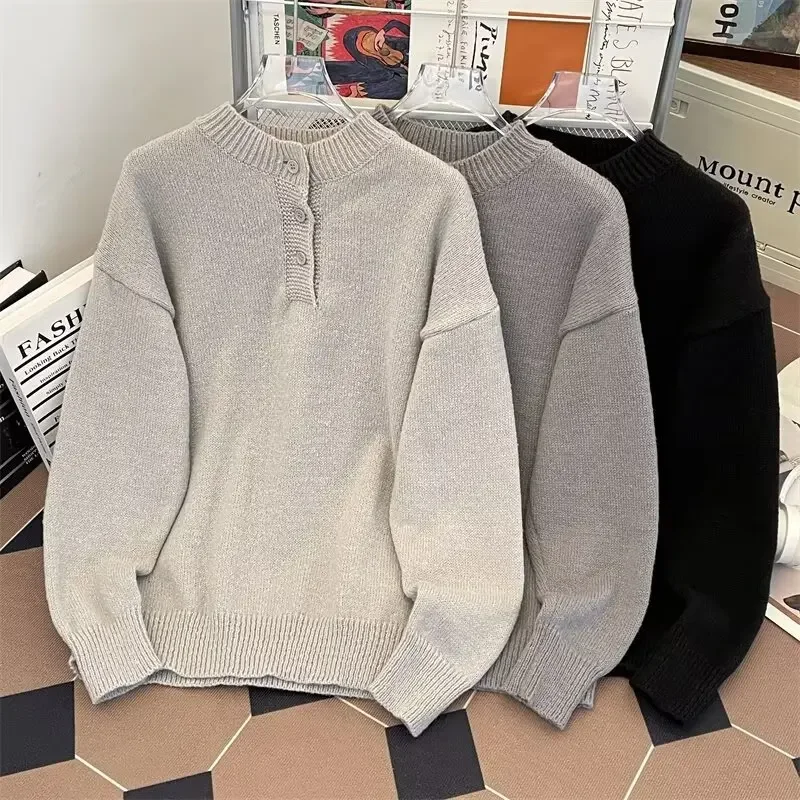 Greycleanfit Henry Collar Sweater Men's Autumn/Winter Style American Vintage Knitted Top Idle High-End Feel Jacket