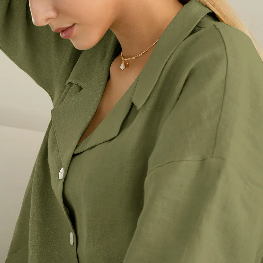 Casual Home Clothes For Women 2 Piece Set Cotton Short Sleeve Turn Down Collar Tops Female Shorts Autumn Nightwear 2022