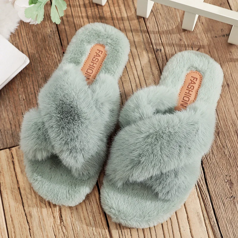 

Warm Fluffy Slippers Women Fashion Cozy Faux Fur Cross Indoor Floor Slides Flat Soft Furry Ladies Female Celebrities Flip Flops