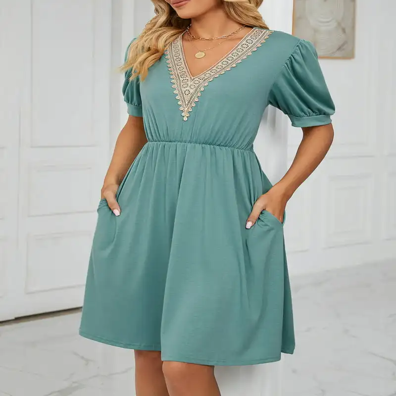 

Summer Dress Short Sleeve V-Neck Midi Dress With Pocket