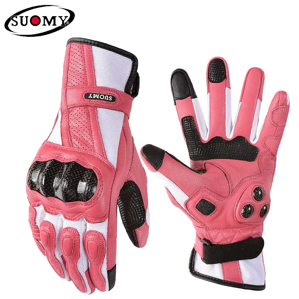 

Suomy Women Pink Goatskin Motorcycle Gloves Lady Long Full Finger Scooter Electric Bike Glove Cycling Racing Motocross Luvas XS