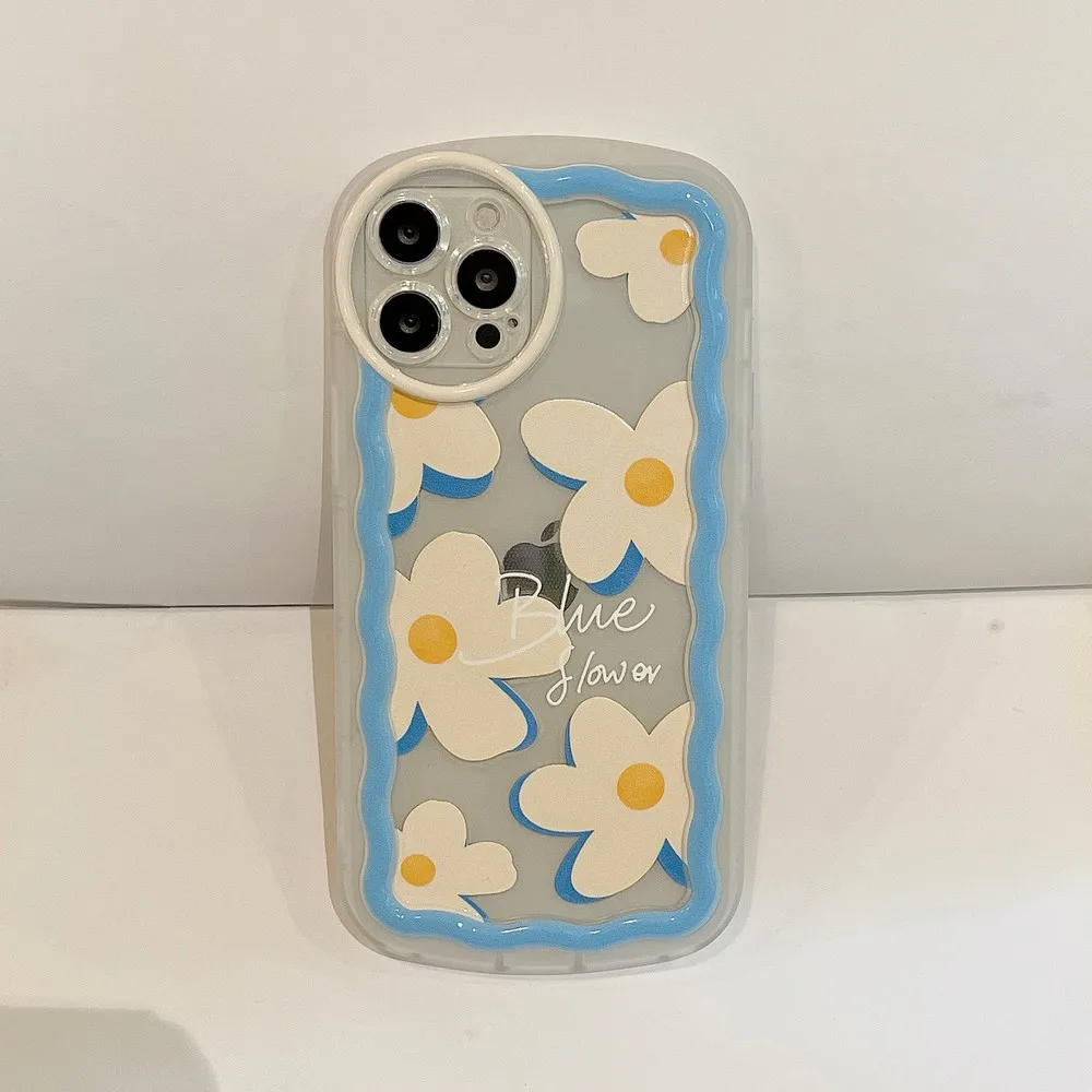 

Прозрачный чехол с маленьким белым цветком и синей рамкой для iPhone 13ProMax 13 XS X XR XSMAX 11ProMax 11 12Pro 12, мягкий чехол