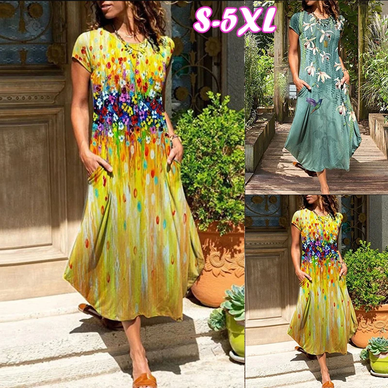 Summer Dress Women 2022 Short Sleeve O-Neck Pocket Maxi Dress Casual New  Style Sexy Floral Print Elegant Long Dresses Vestidos - купить по выгодной  цене | AliExpress