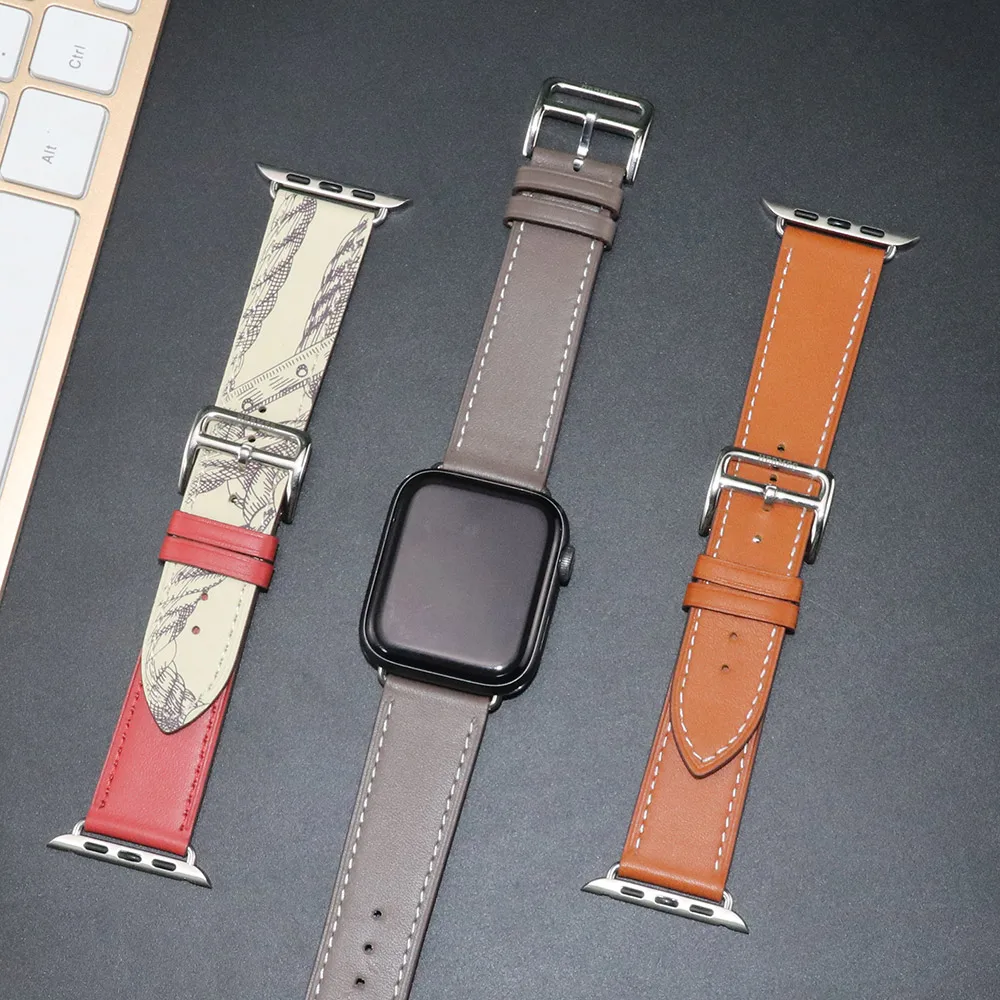 Genuine Leather With Logo Band For Apple Watch Series 8 7 Bracelet Leather Loop Strap For iWatch Ultra 49mm 40mm 44mm 41mm 45mm