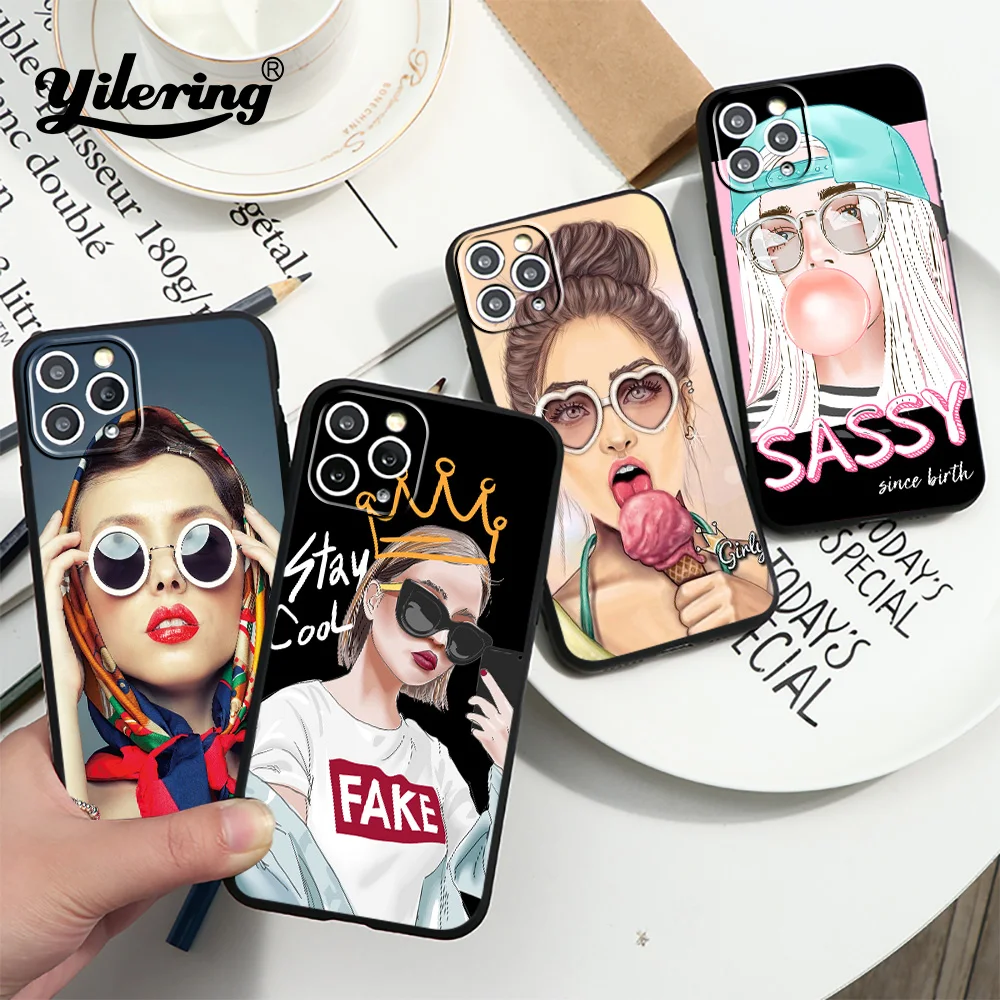Модный трендовый чехол для телефона Queen Girl iPhone 12 11 13 Pro Max 8 7 Plus SE2 SE3 X XR XS черный