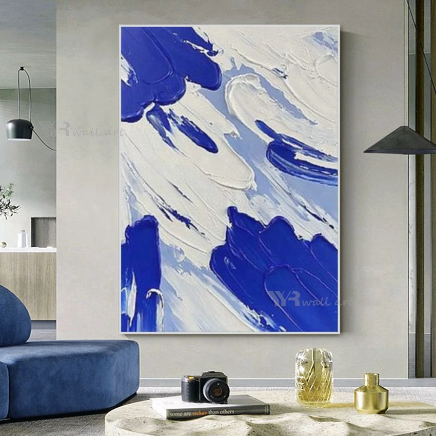 

Абстрактная картина маслом ручной работы, настенный художественный плакат, синяя текстура, акриловое домашнее эстетическое украшение, Фреска для гостиной, спальни, 100%