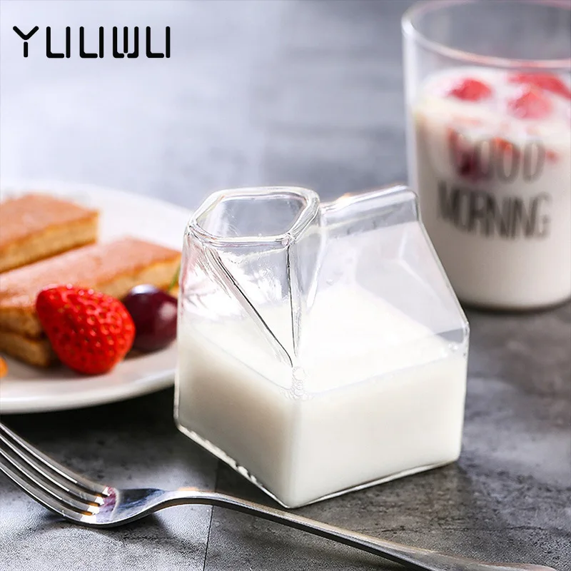 

1Pc 380ML Creative Milk Box Cup Transparent Milk Box Mini Creamer Jug Glass Milk Mug Cow Cute Coffee Cup Tea Drinkware Glass Can