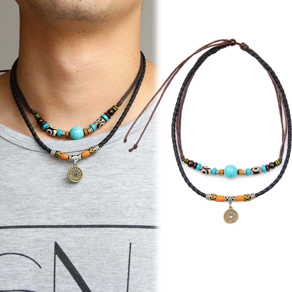 

Ethnic Multi-layer Necklaces For Men Women Classic Retro Vintage Style Turquoise Braided Rope Chain Necklace Fashion Jewelry