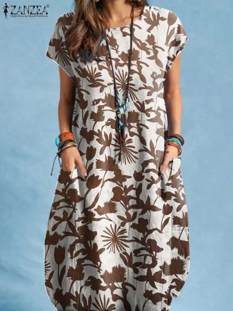 

Платье ZANZEA женское с круглым вырезом, элегантный винтажный Сарафан до колен, с коротким рукавом и цветочным принтом, в богемном стиле, праздничный наряд, на лето