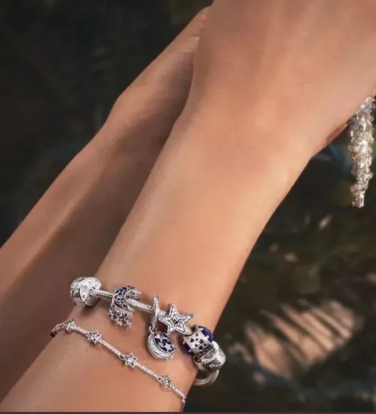 ChimConstellations of Love Dangle Charm for Women, Blue Night Sky, Crescent Moon and Stars, 925 Silver Bracelet, DIY