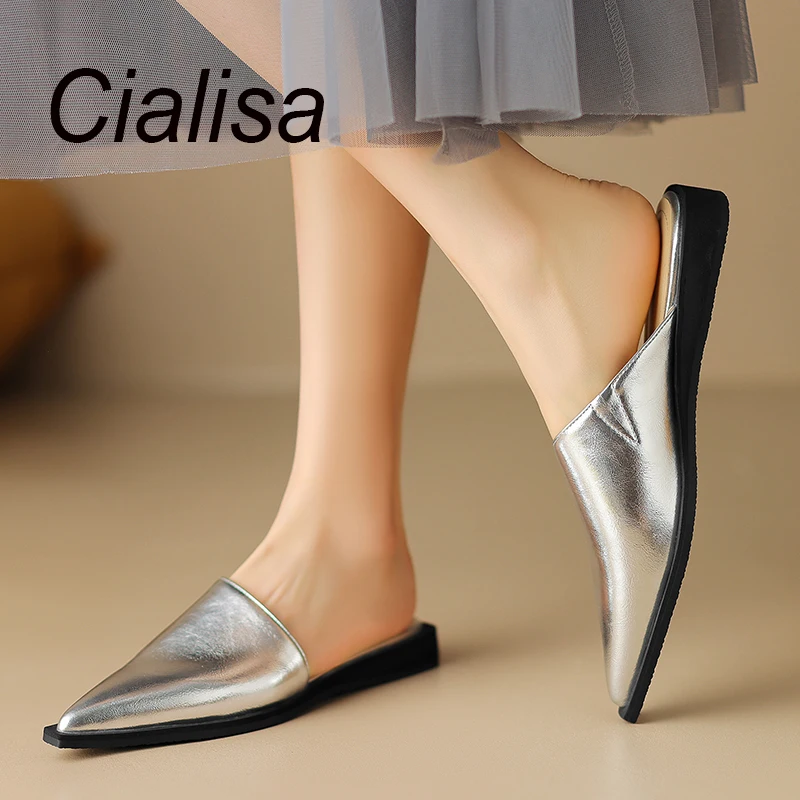 

Женские мюли из натуральной кожи, с заостренным носком, на плоской подошве