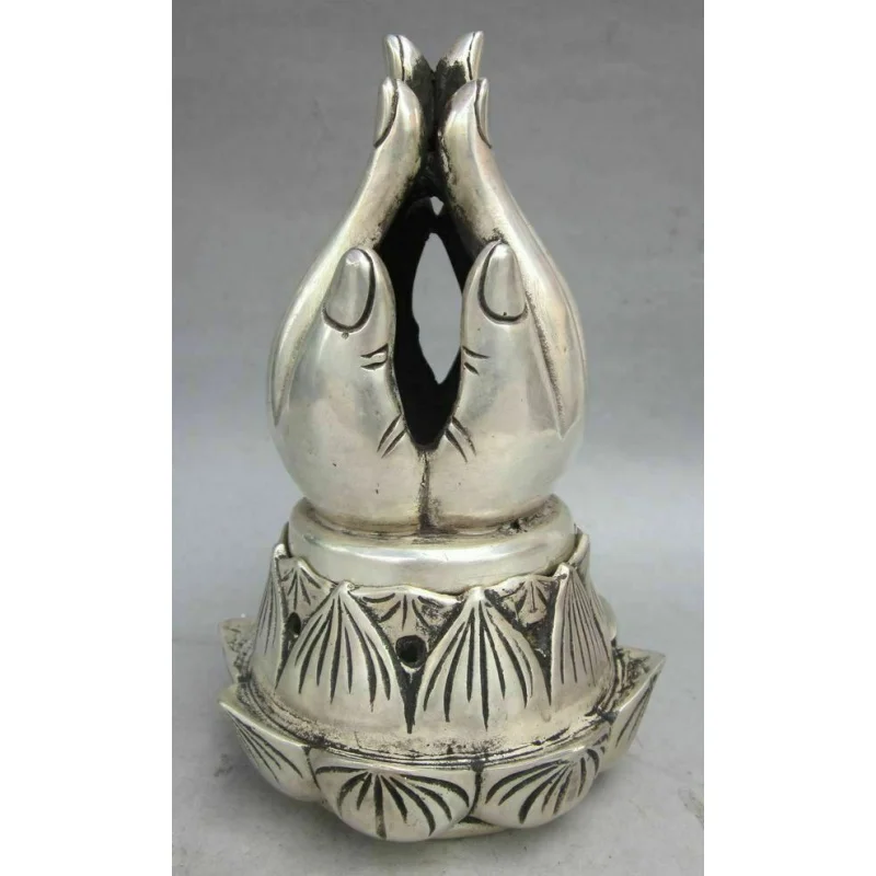 

Old Tibet Tibetan Silver Buddha-Hand-Made Lotus Incense Burner Incense Burner