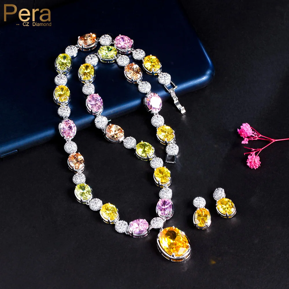

Pera Amazing Colorful Crystal Yellow Oval CZ Pendant Drop Necklace and Earrings Jewelry Sets for Women Fashion Accessories J519