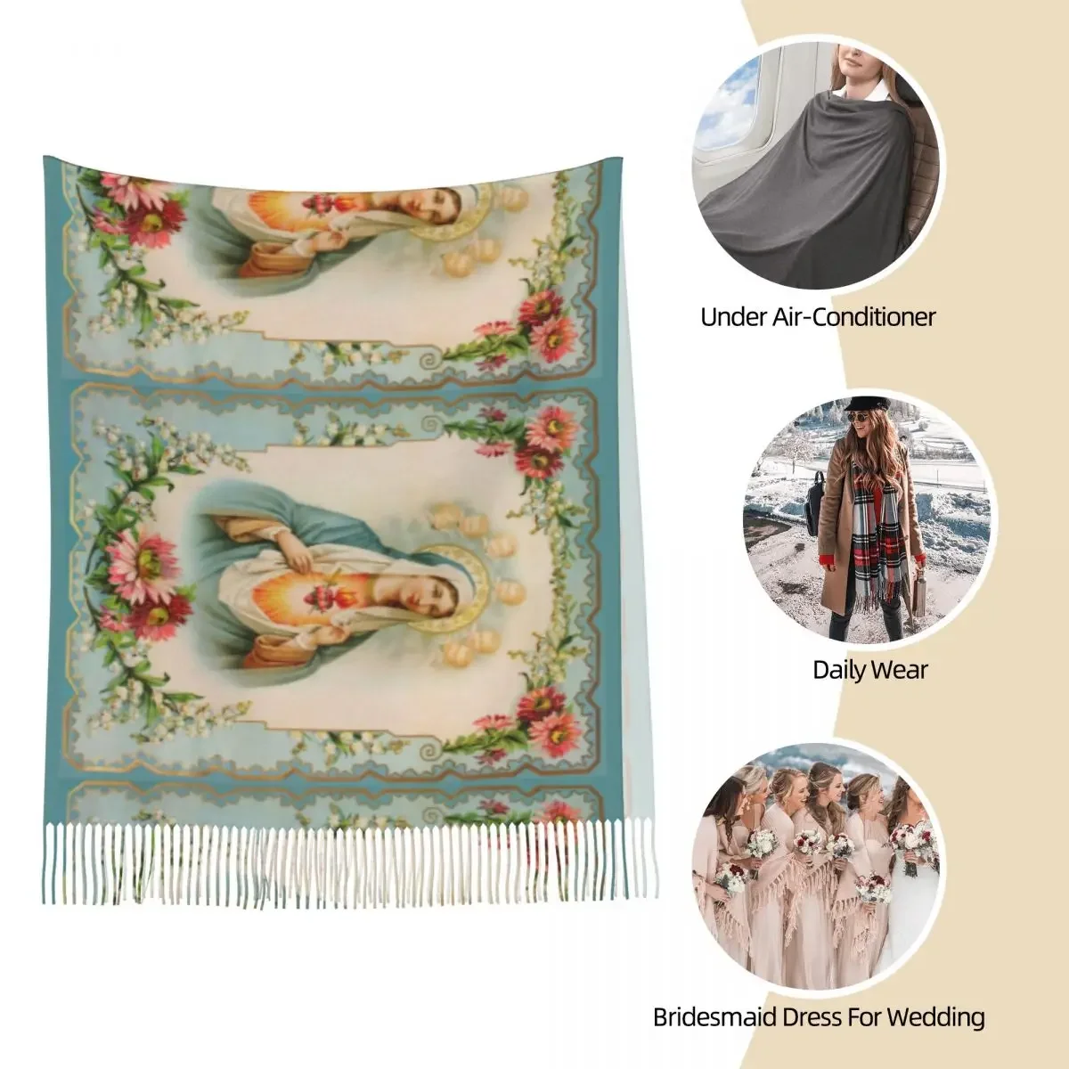 Женский шарф с бахромой Дева Мария католическая большая супермягкая шаль и