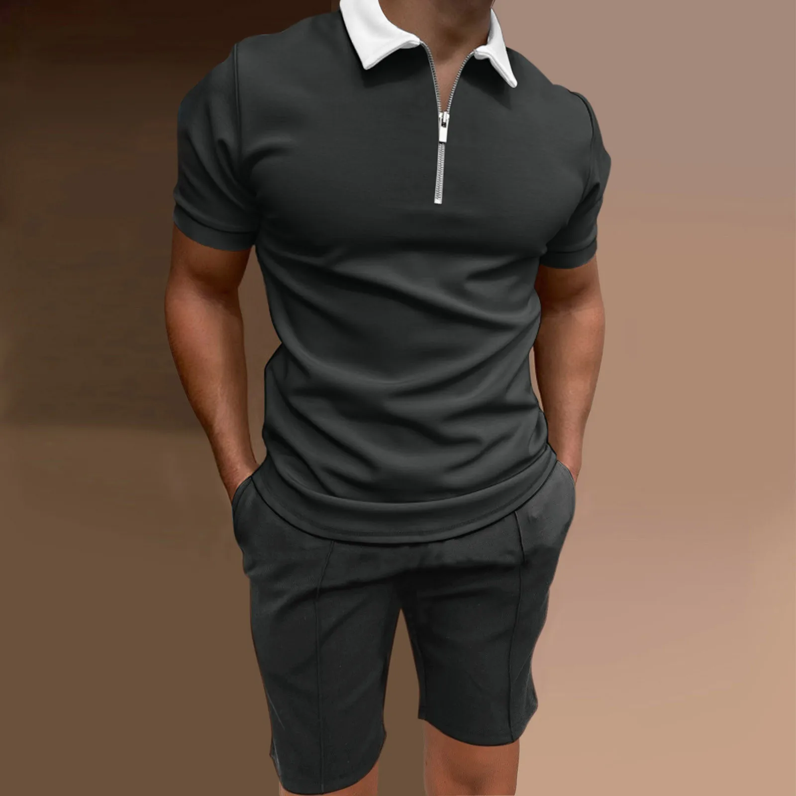 

6 Piece Suit Men Casual Soild Zipper Top Shirt Turn Down Collar Blouse Short Sleeve Top Shirt Cold Water Wet Suit for Men