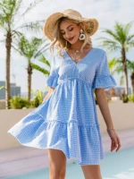 simplee v neck ruffle sleeves blue plaid women dress lace up short sleeve high waist knee length dress summer elegant lady dress