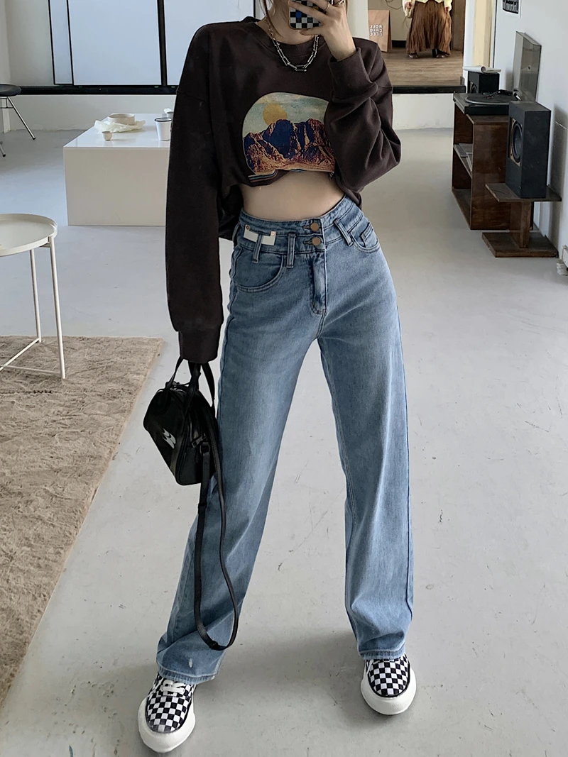 

Женские джинсы в стиле ретро dd65, женские Сигаретные Брюки, новые тонкие прямые широкие брюки-трубы с высокой талией