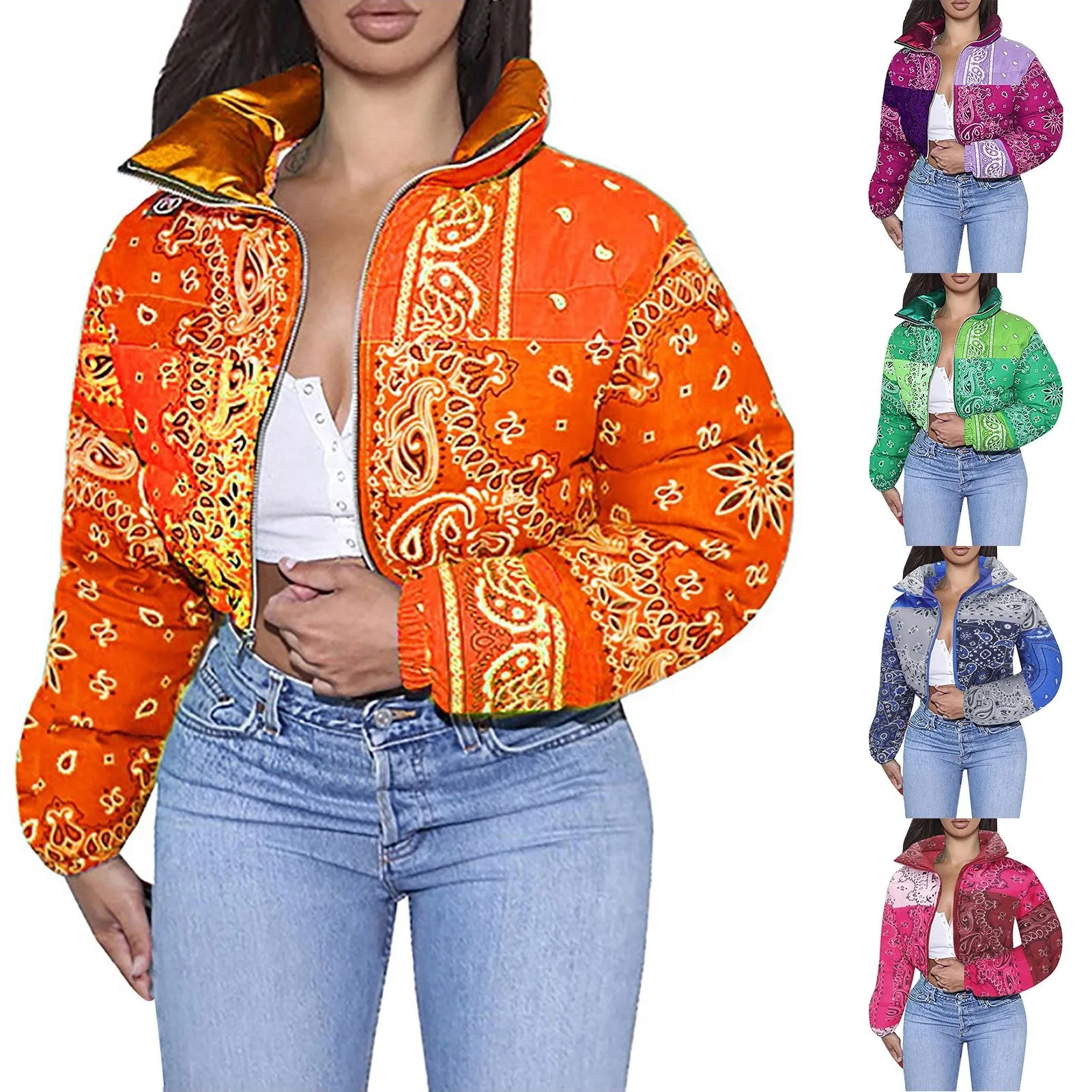 

Теплая Модная зимняя куртка, женская модная одежда с коротким стоячим воротником и принтом хлеба, одежда с хлопковой подкладкой