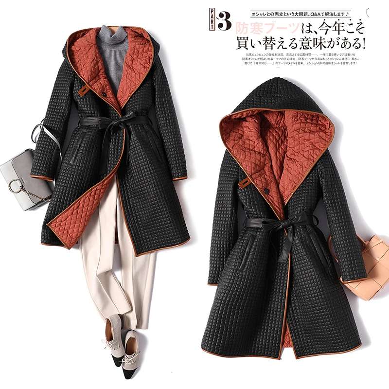 Sheepskin High Fashion Design Coat Women Winter Hooded Adjustable Waist Autumn/Winter High Street Belt Real Leather Jacket Women