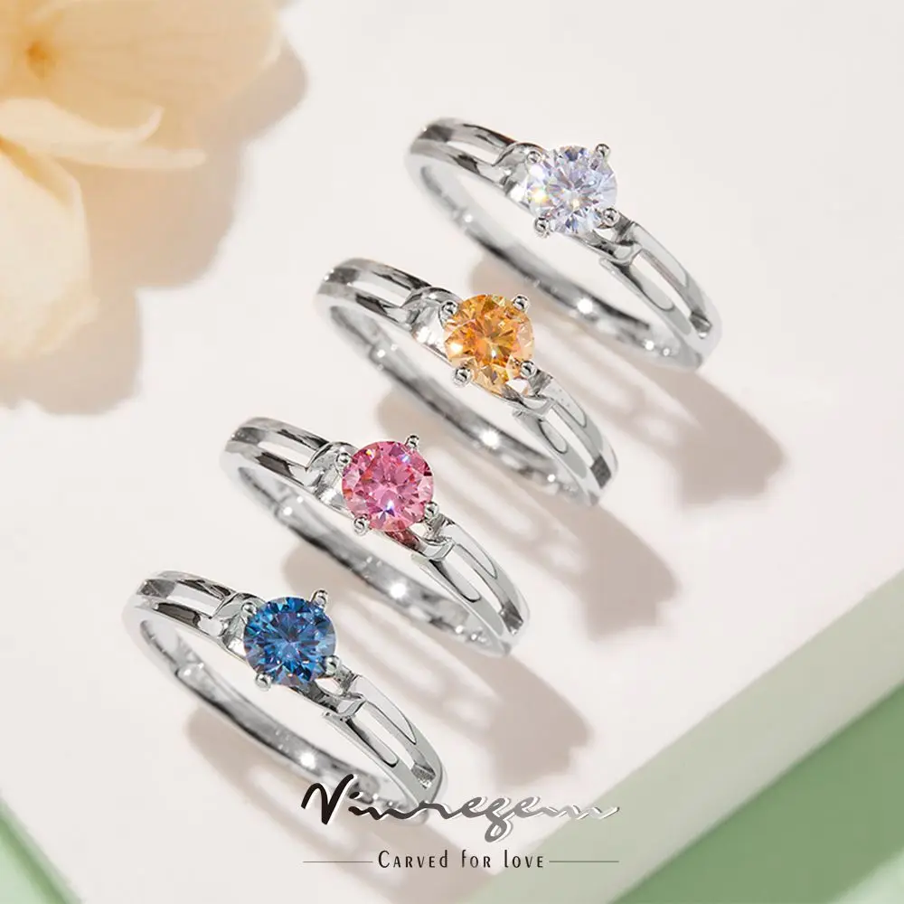 

Vinregem 925 Sterling Silver White Gold 5MM Colorful Moissanite Pass Test Diamond Wedding Engagement Ring for Women Dropshipping