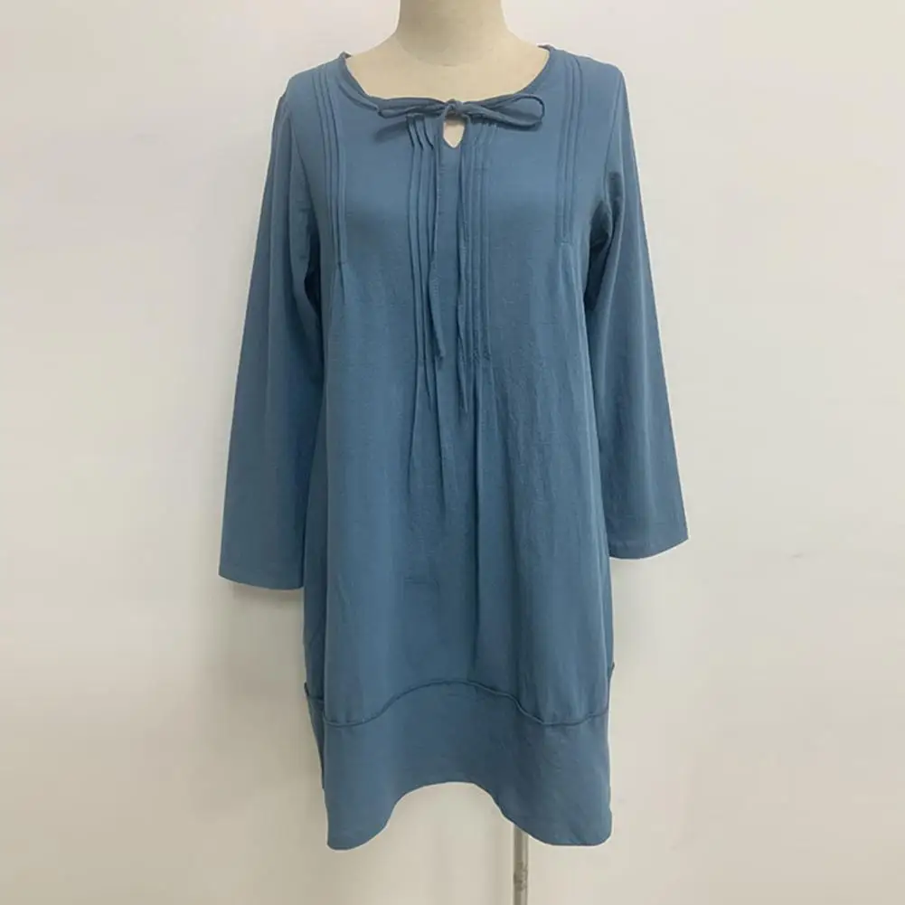 

Waist Tight Loose Fit Dress Chic Women's V-neck Lace-up Casual Dress Pleated Waist Loose Fit Knee-length Streetwear for A